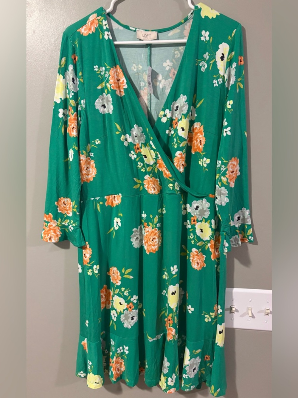 LOFT Green Floral Wrap Midi Dress with Orange and Yellow Blooms